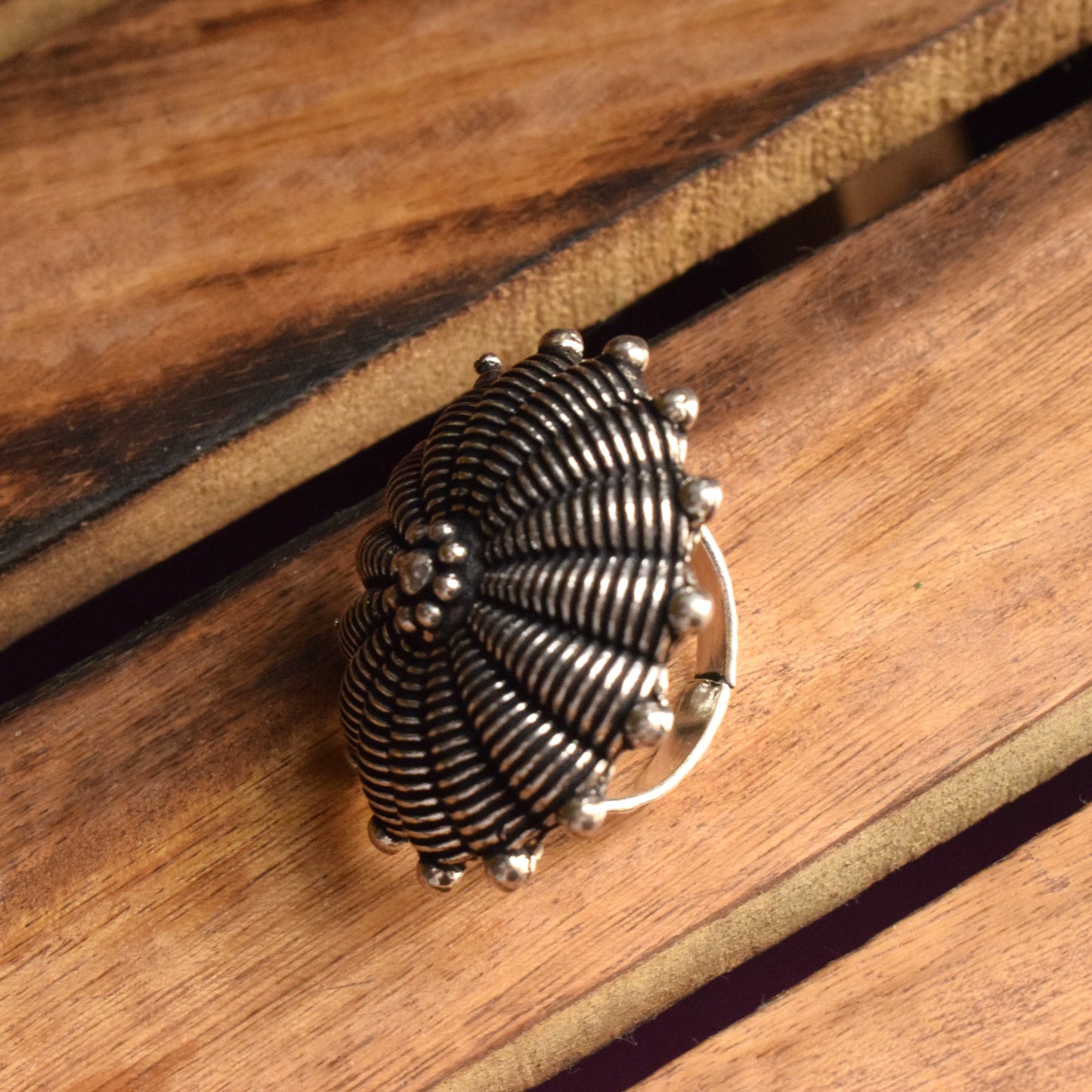 Large German Silver Oxidized Gerbera Finger Ring
