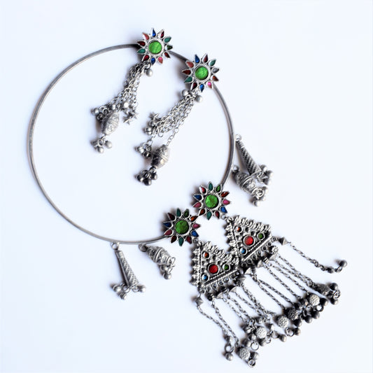 Harsha Tribal Hasli German Silver Afghani Necklace Set