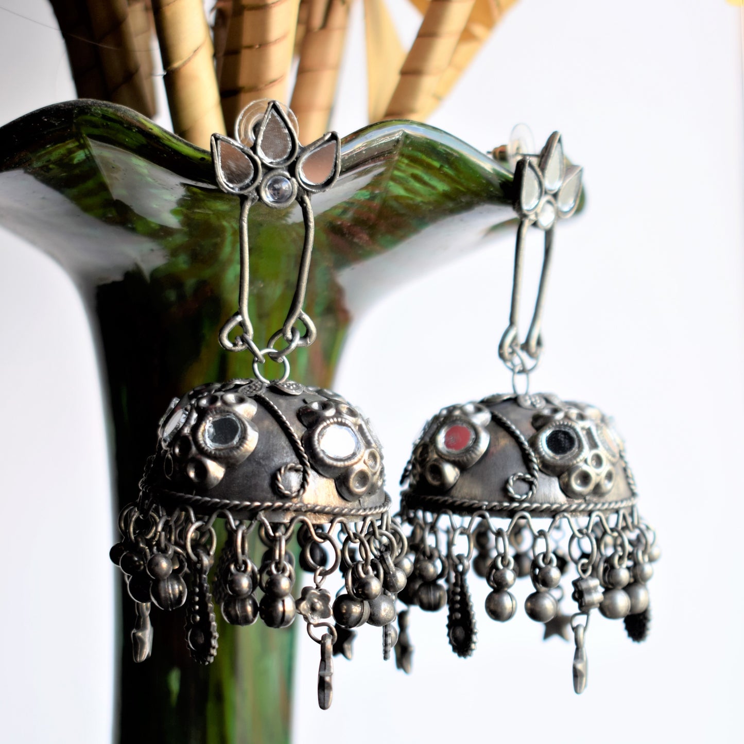 German Silver Mirror Chandbali Jhumka