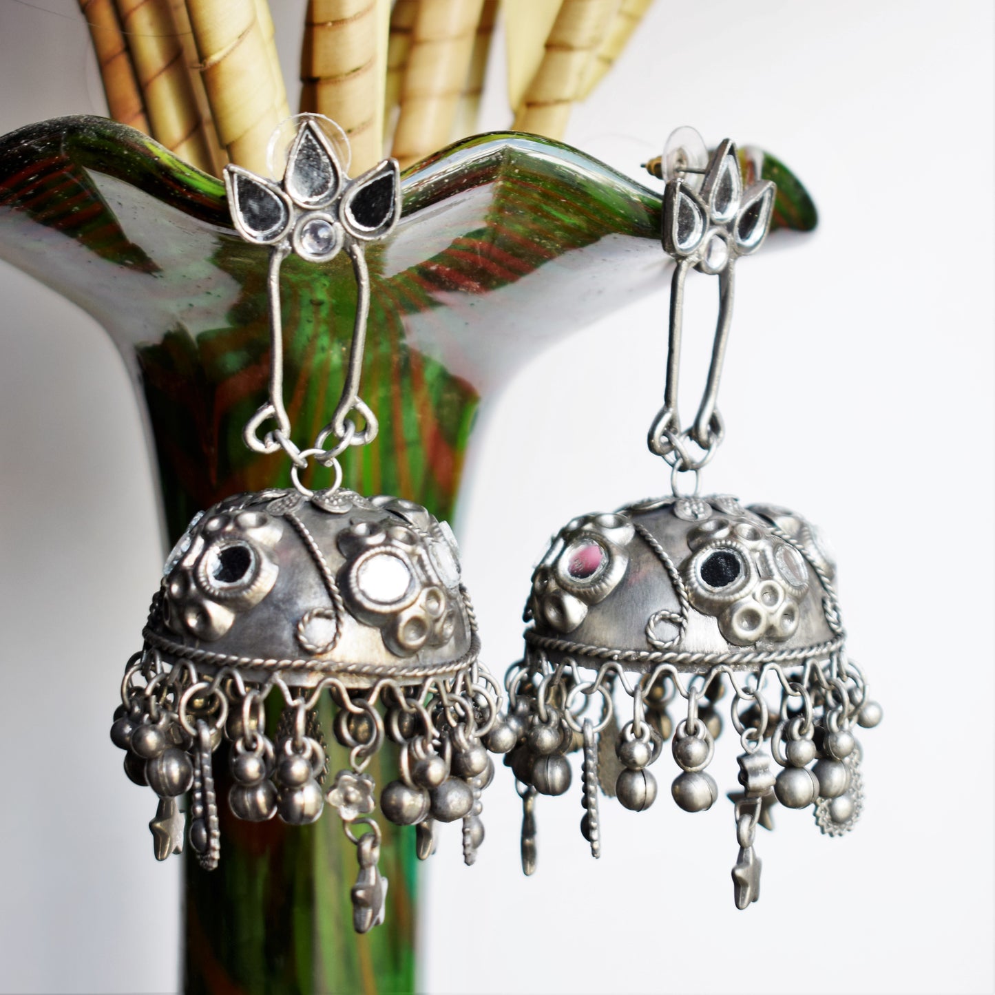 German Silver Mirror Chandbali Jhumka