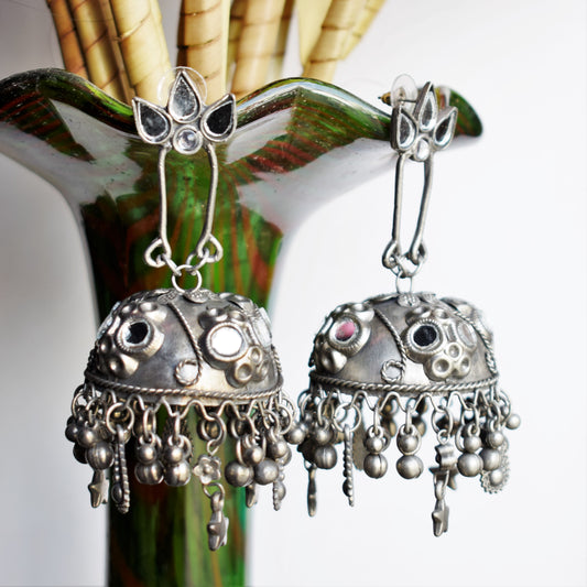 German Silver Mirror Chandbali Jhumka