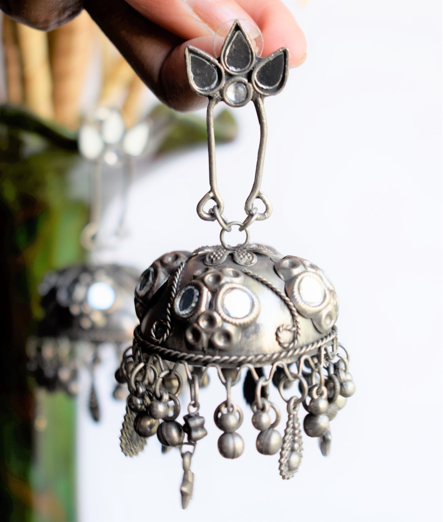German Silver Mirror Chandbali Jhumka