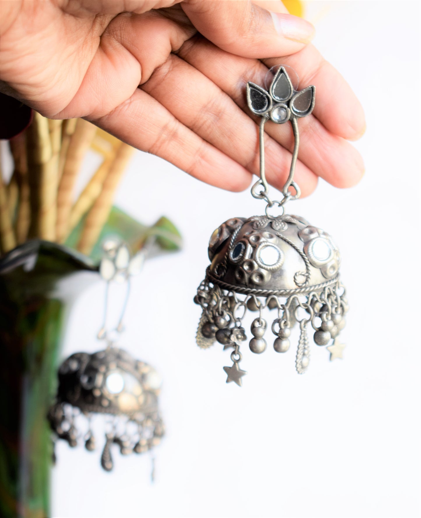 German Silver Mirror Chandbali Jhumka