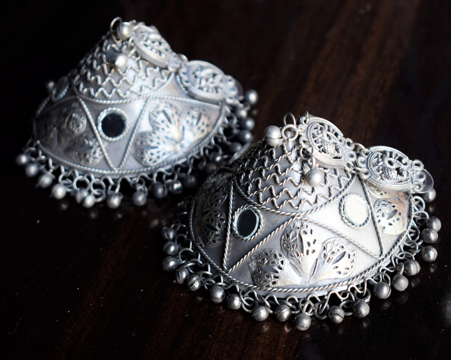 Designer German Silver Jumbo Carved Mirror Jhumka