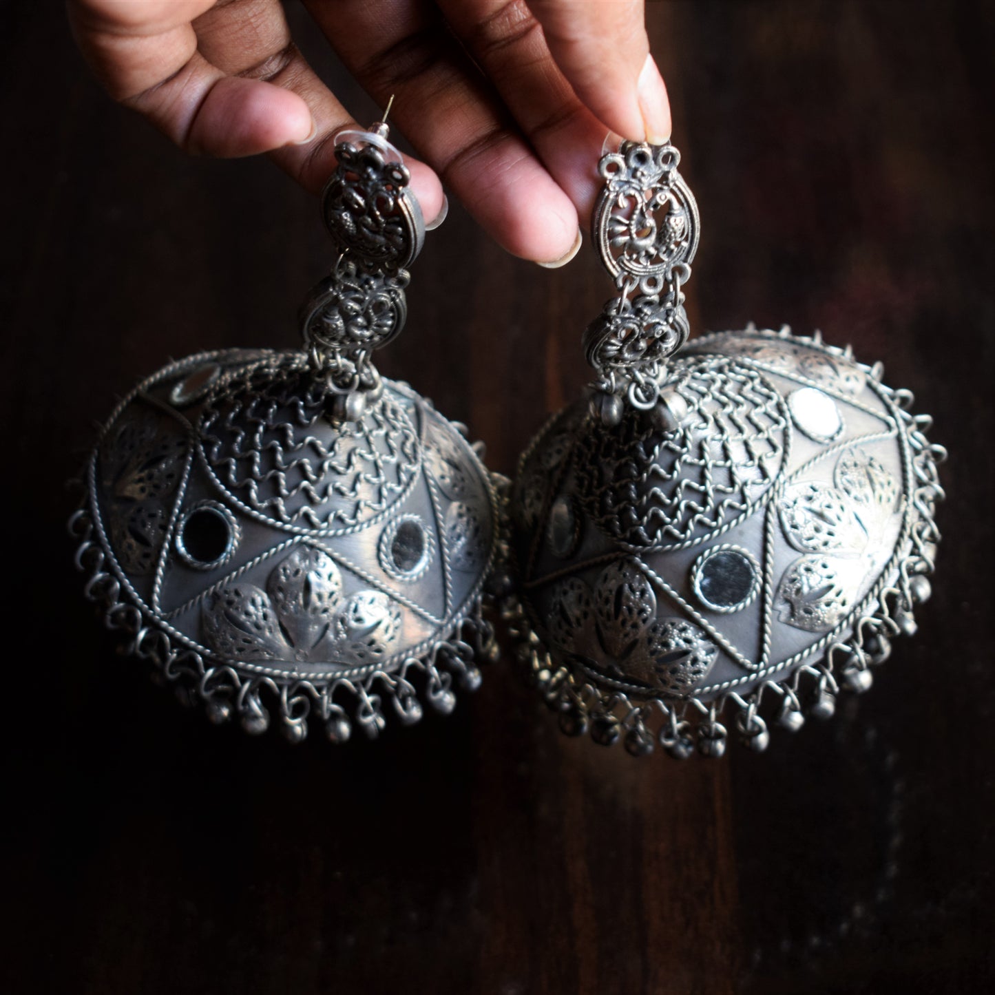 Designer German Silver Jumbo Carved Mirror Jhumka