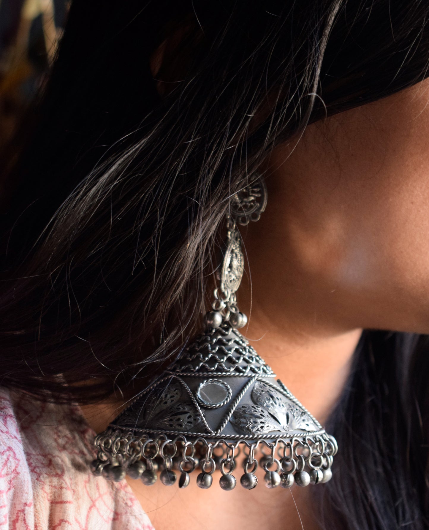 Designer German Silver Jumbo Carved Mirror Jhumka