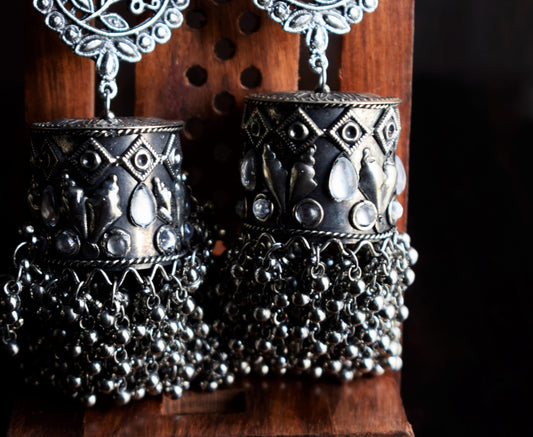 Carved German Silver Statement Jhumka
