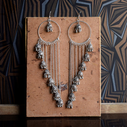 Jhankaar Silver Oxidised Jhumka Tassel Earrings