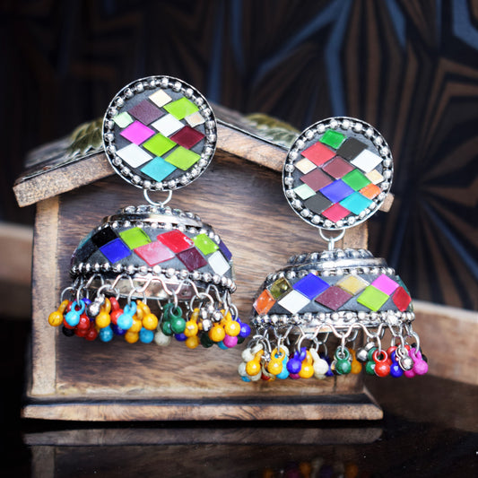 Silver Oxidised Multicolored Tibetan Jhumka