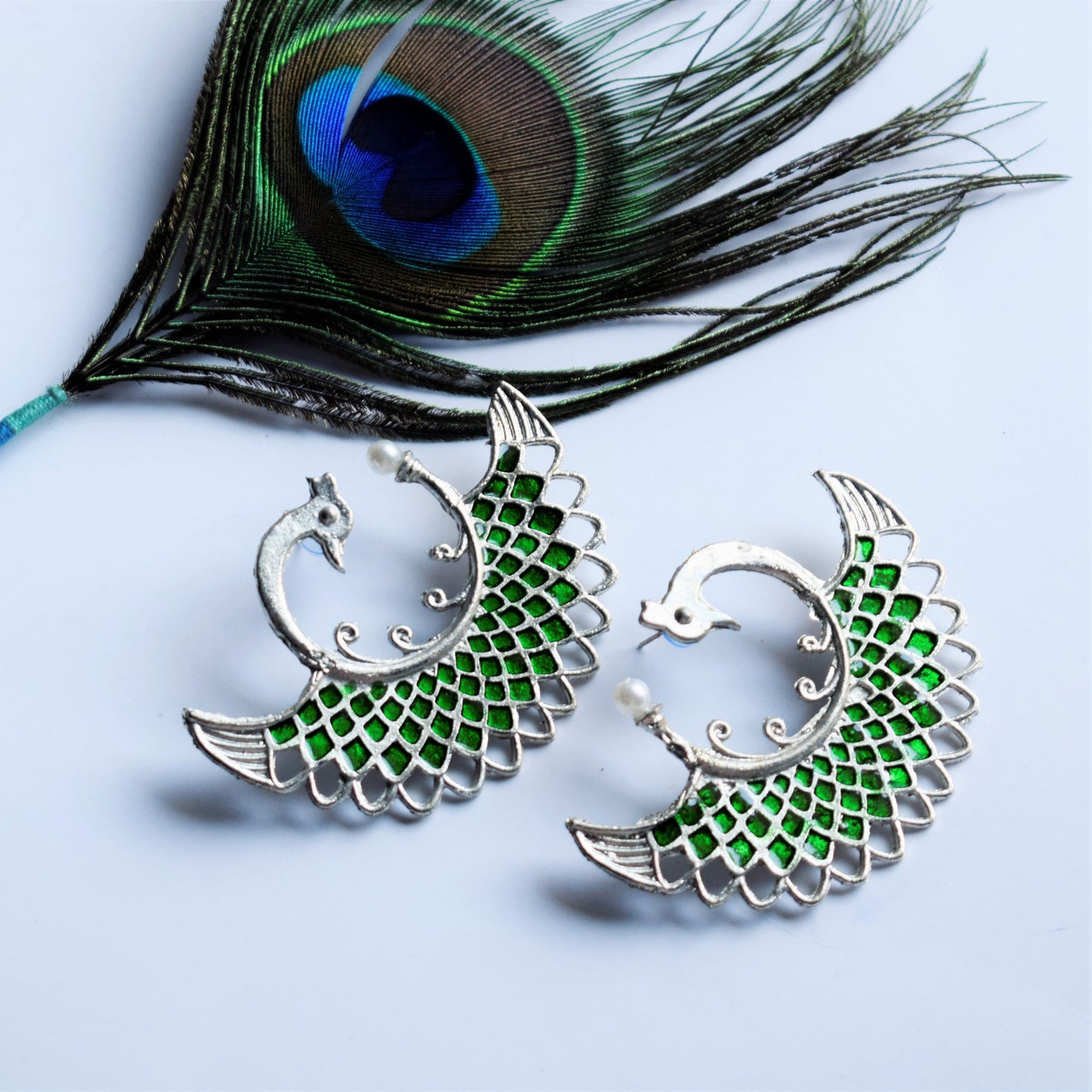 Silver Shine Meenakari Peacock Pearl Stud