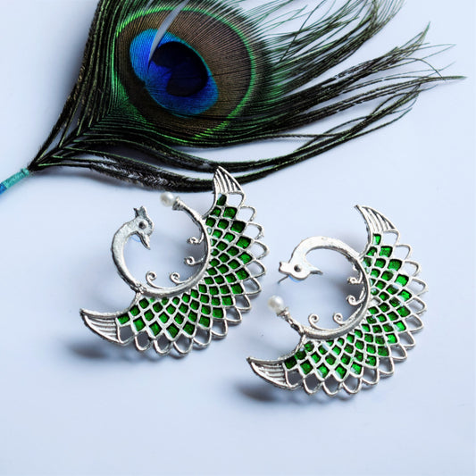 Silver Shine Meenakari Peacock Pearl Stud
