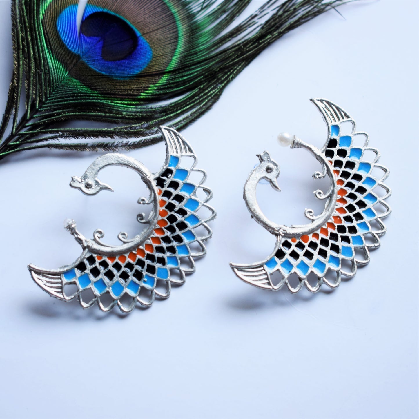 Silver Shine Meenakari Peacock Pearl Stud
