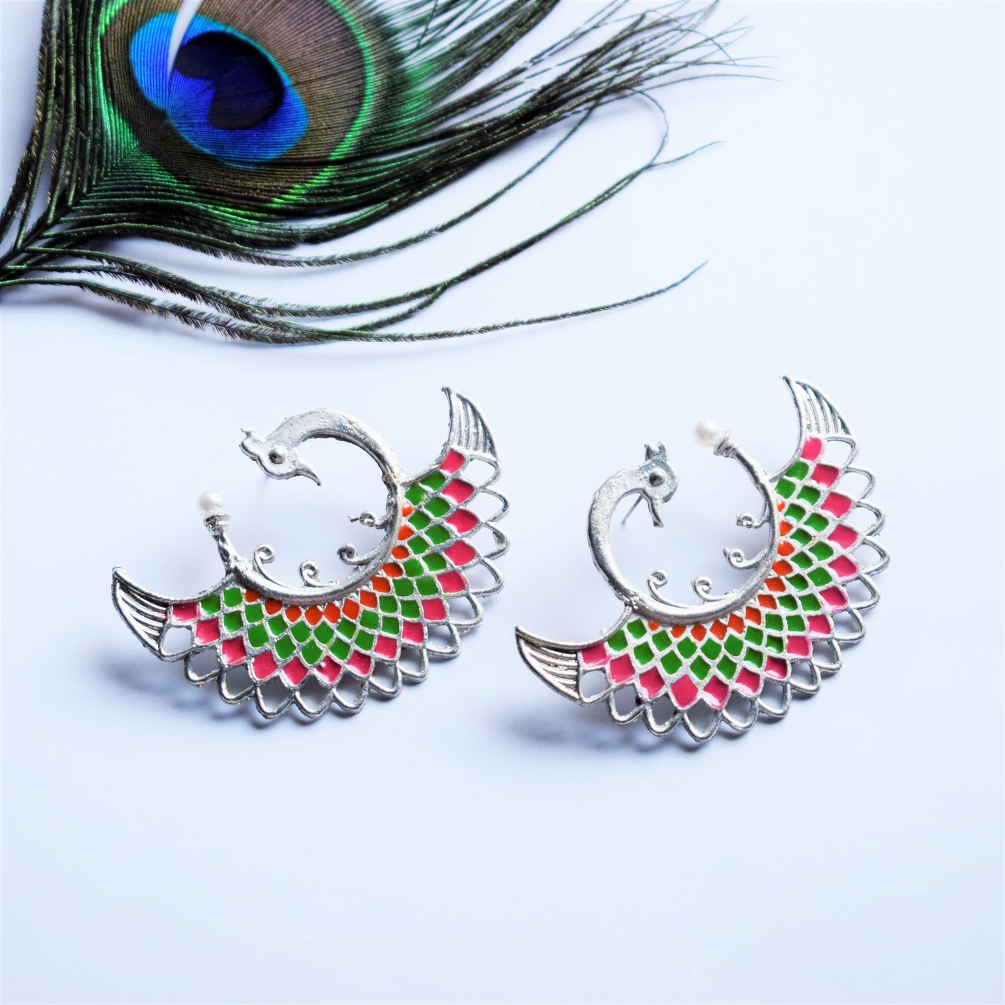 Silver Shine Meenakari Peacock Pearl Stud
