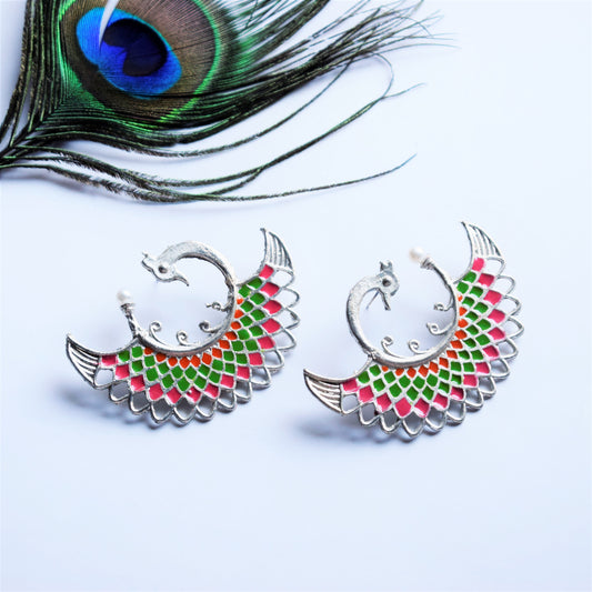 Silver Shine Meenakari Peacock Pearl Stud