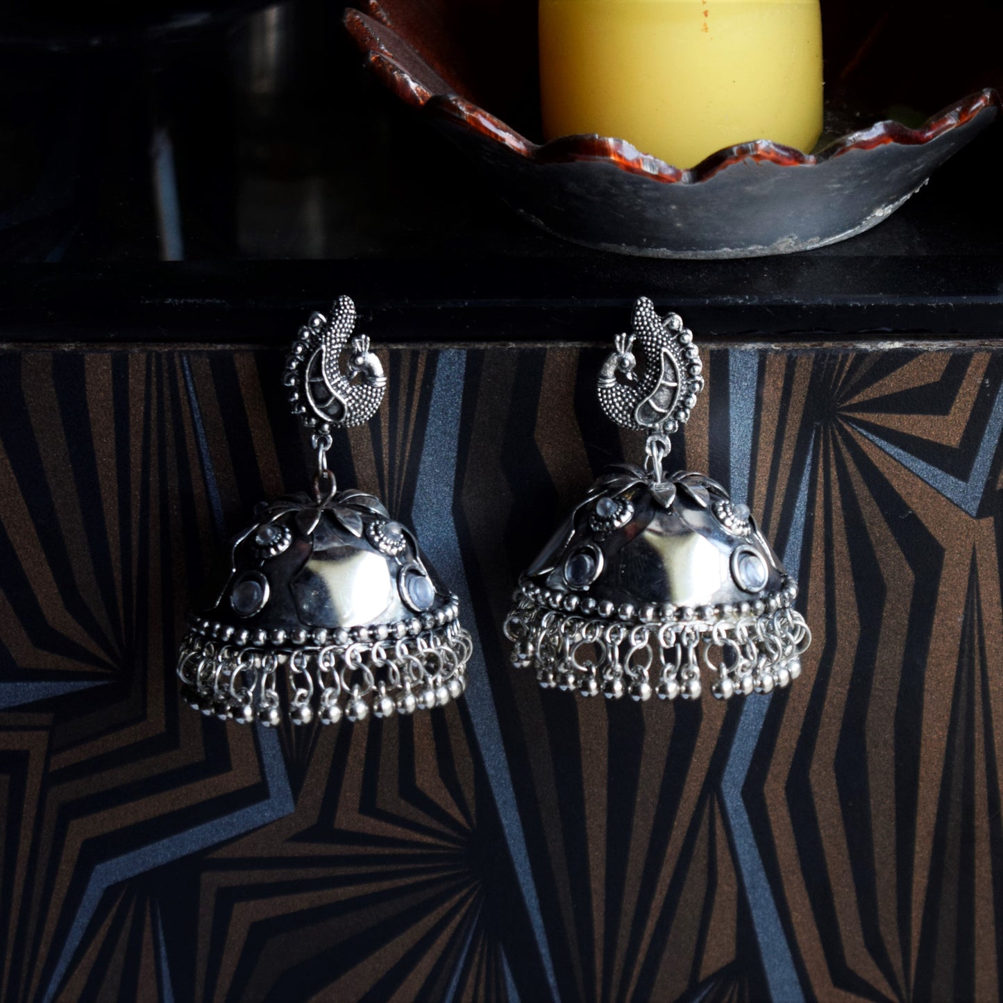 Silver Oxidised Peacock Kundan Jhumka