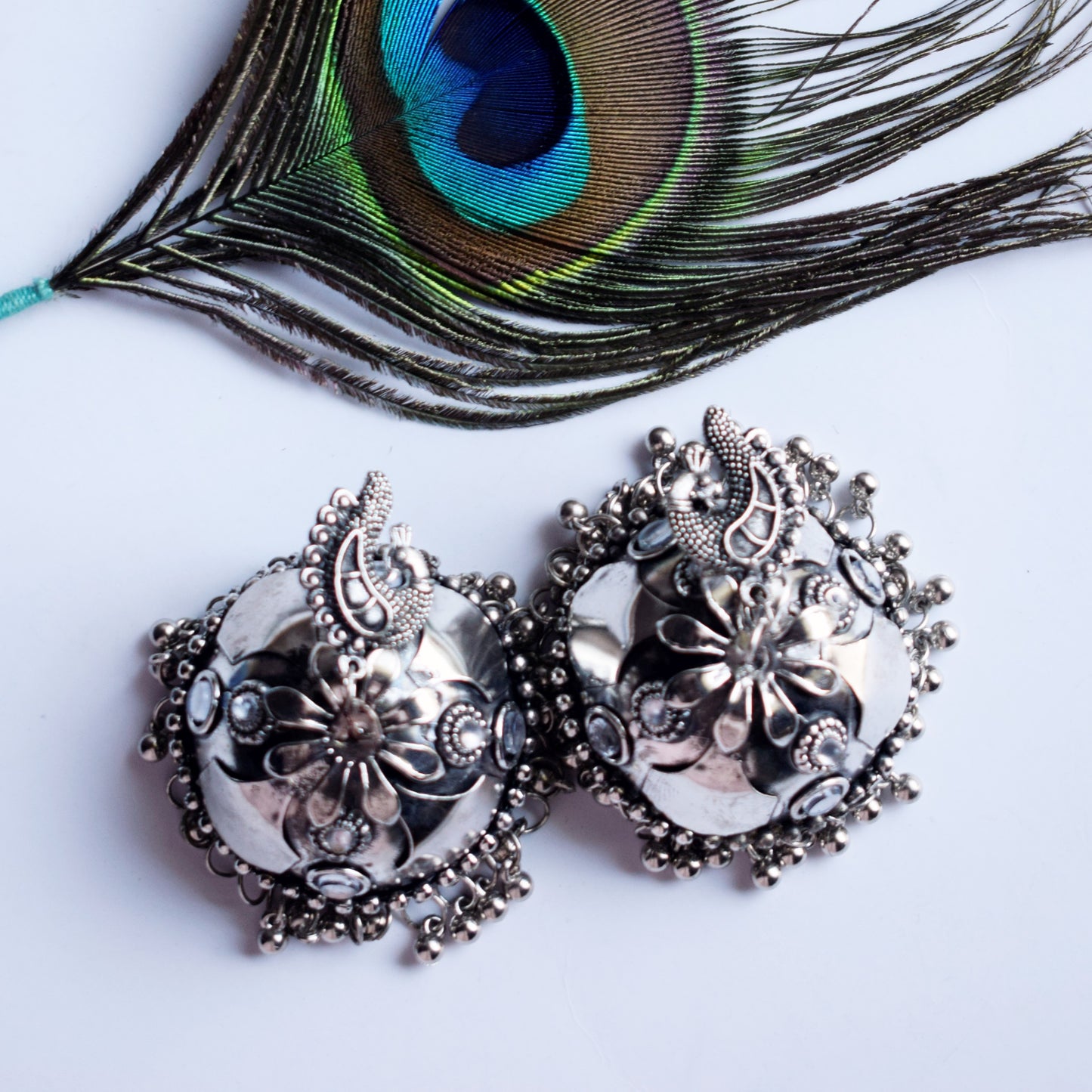 Silver Oxidised Peacock Kundan Jhumka