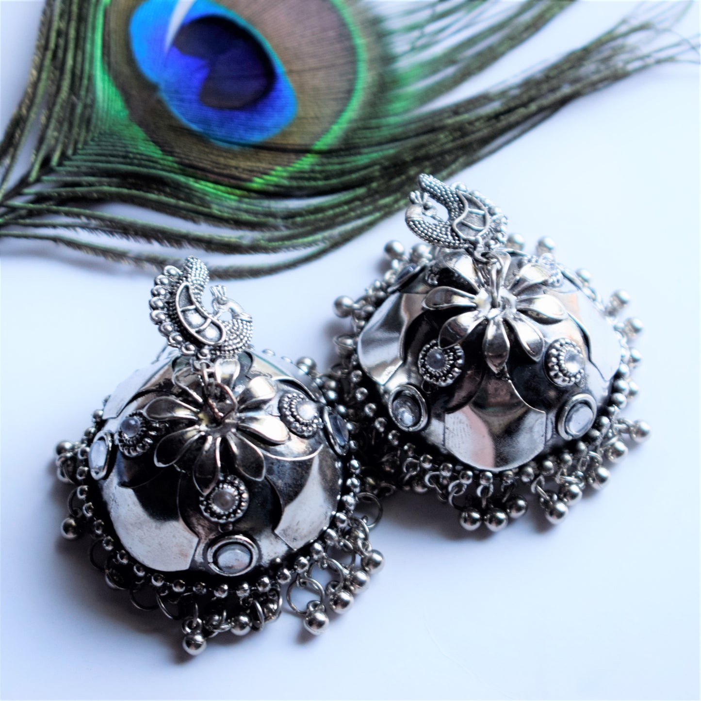 Silver Oxidised Peacock Kundan Jhumka