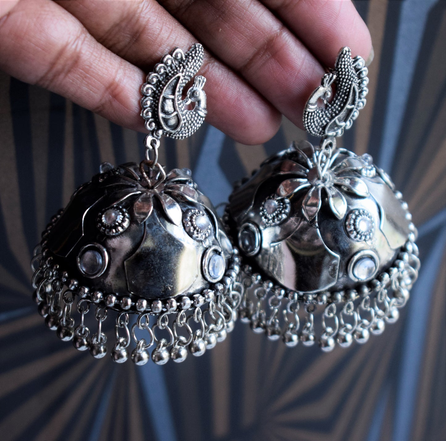 Silver Oxidised Peacock Kundan Jhumka