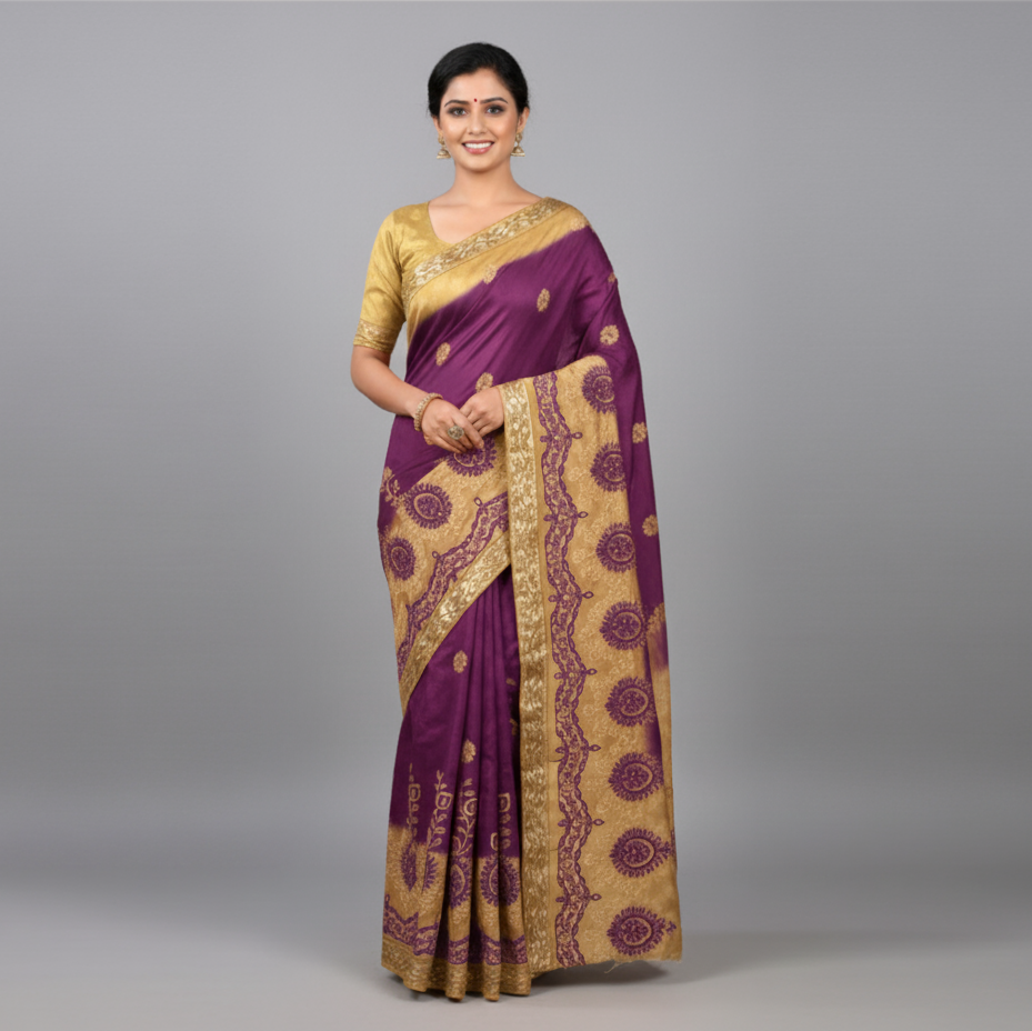 Shaded Beige Color Jacquard Silk Saree with Embroidery