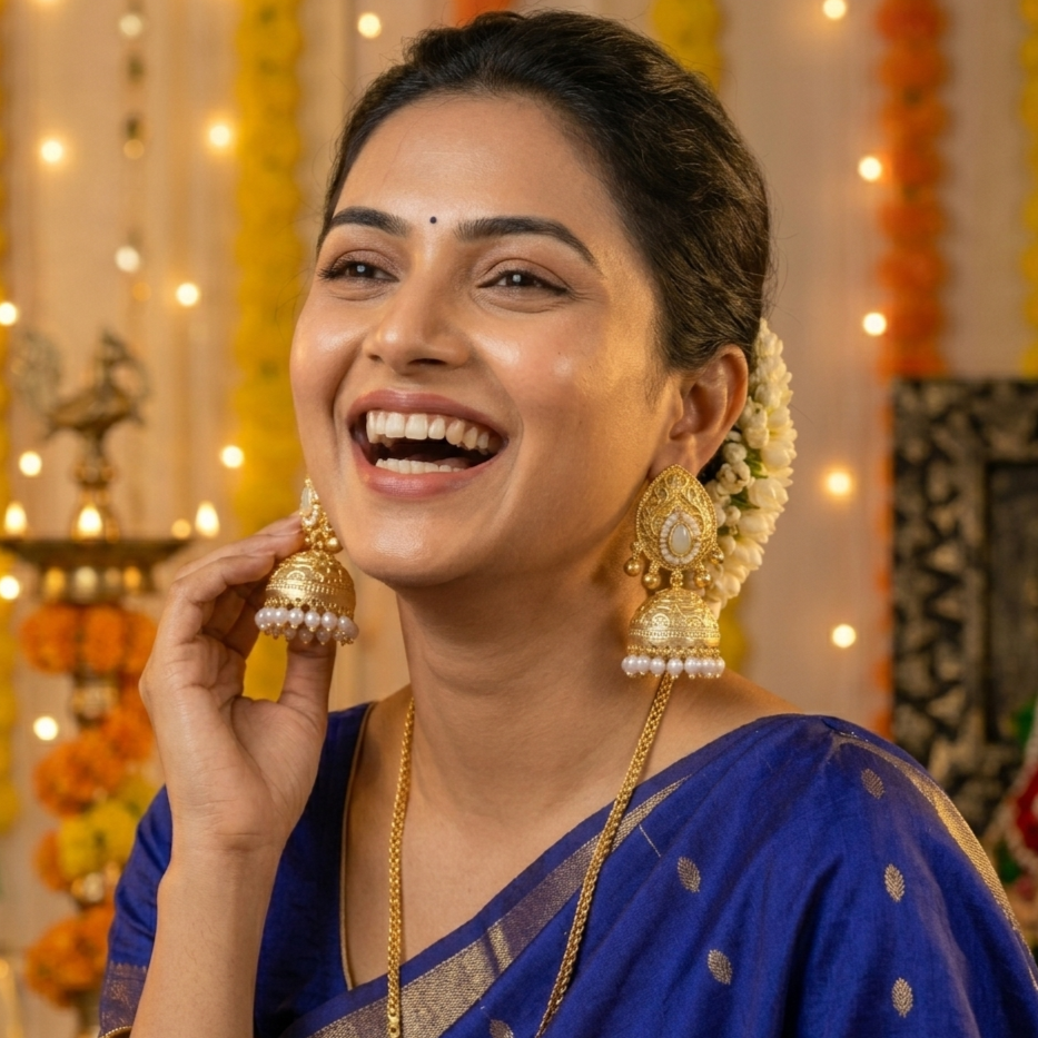 Kishalaya Pearl and Gem Matt Gold Ghungroo Jhumka