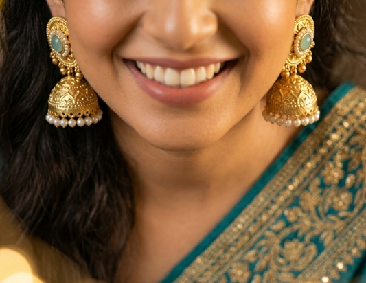 Manmohini Pearl and Gem Matt Gold Ghungroo Jhumka