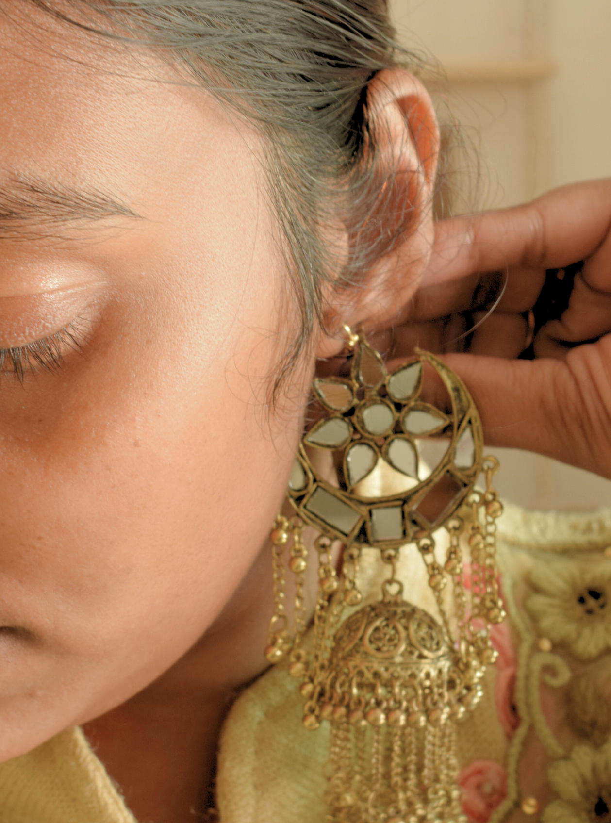 Sun and Moon Golden Oxidised Mirror Jhumka