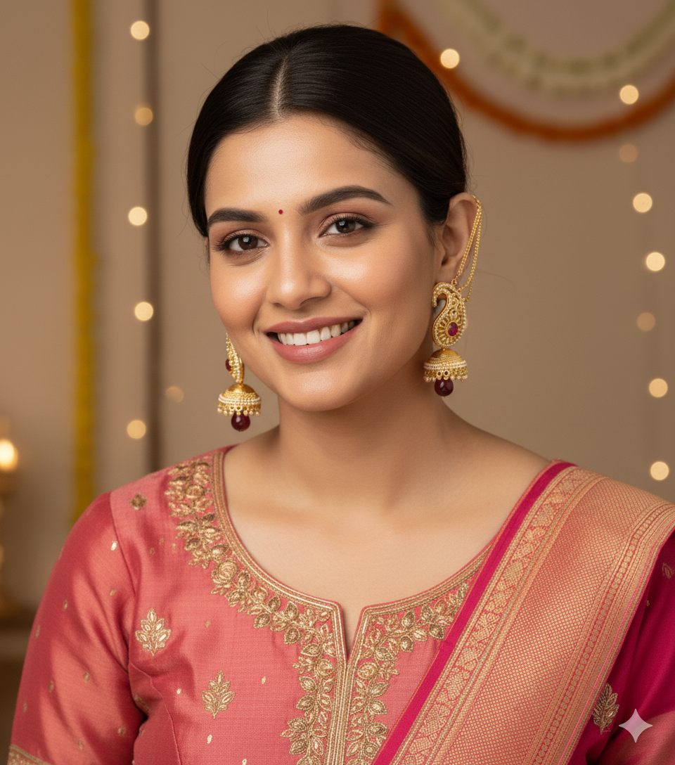 Gold and Pearl Gem Jhumka with Back Chain Hook
