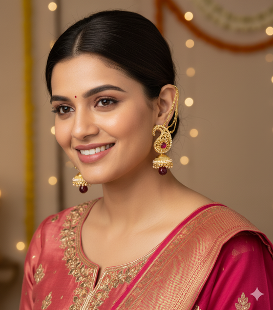 Gold and Pearl Gem Jhumka with Back Chain Hook