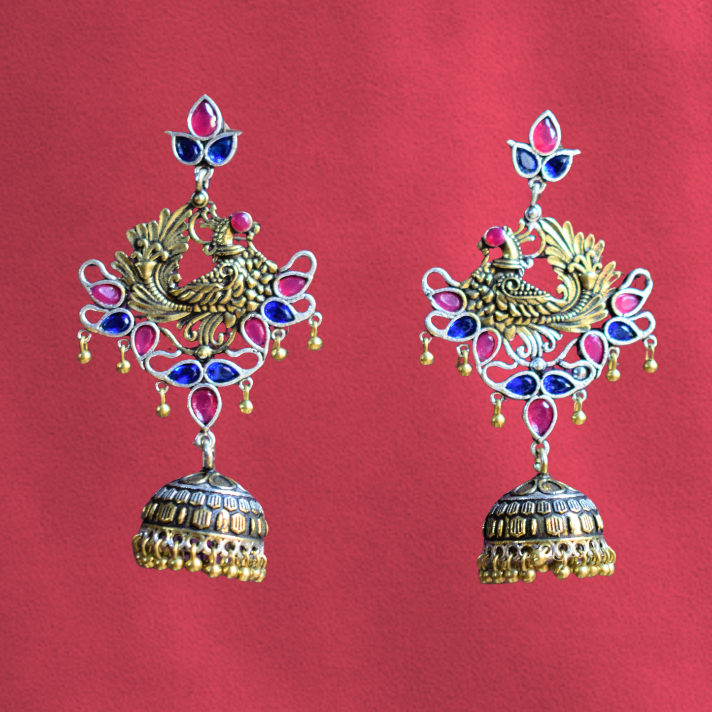 Dual Tone Peacock Gemstone German Silver Jhumki Earrings