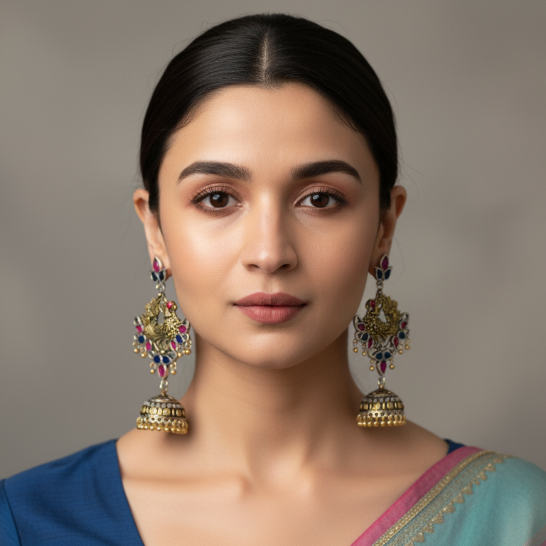 Woman wearing traditional earrings against a neutral background