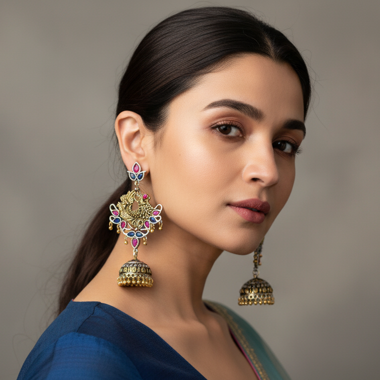 Woman wearing ornate earrings against a neutral background