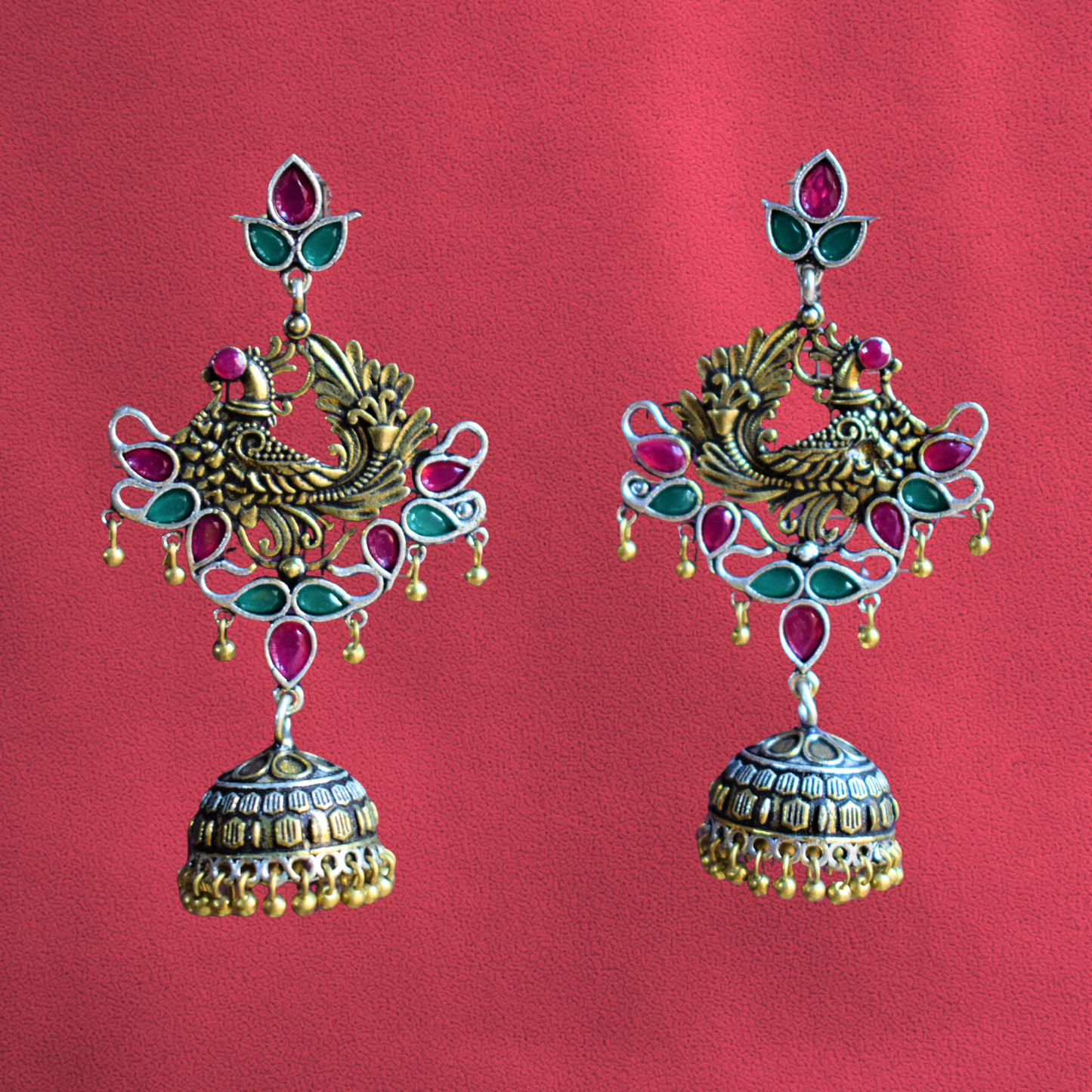 Dual Tone Peacock Gemstone German Silver Jhumki Earrings