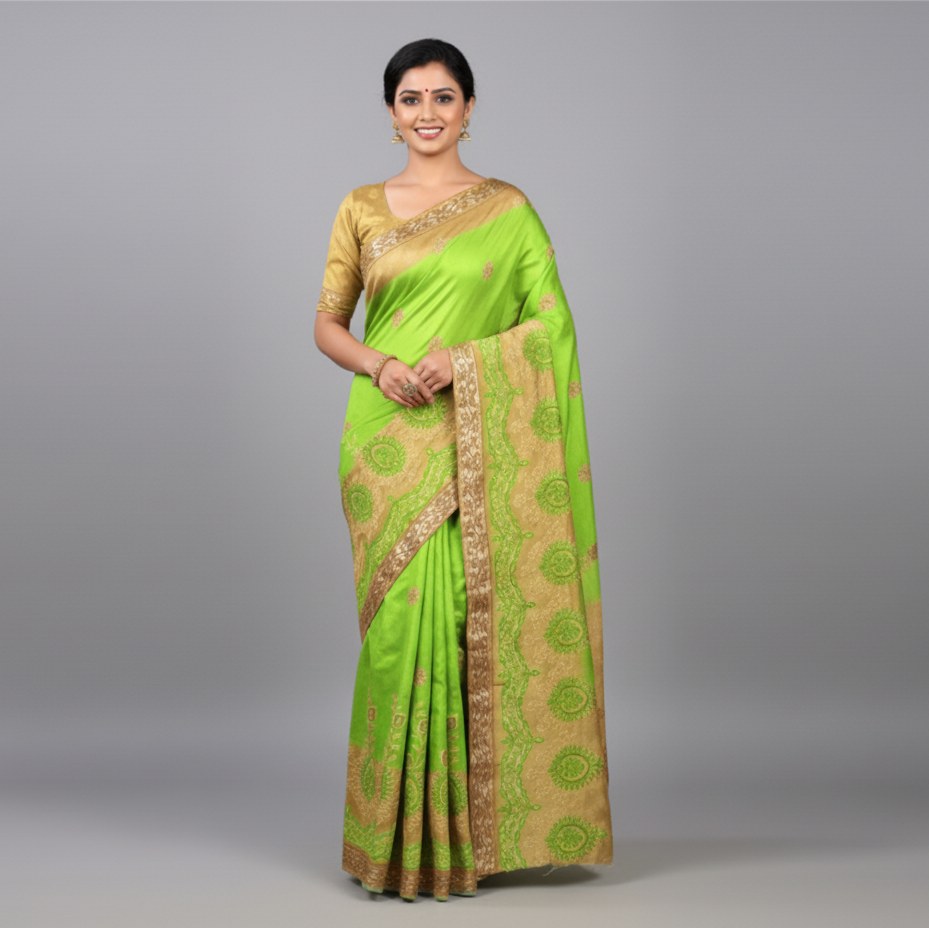 Shaded Beige Color Jacquard Silk Saree with Embroidery