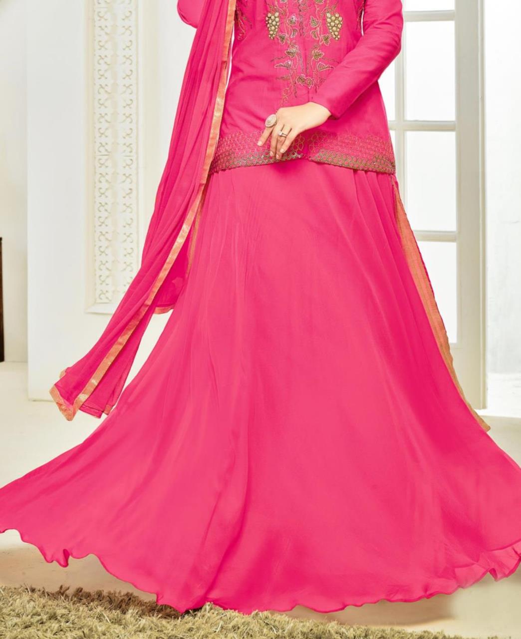 Attractive Pink Semi Stitched Embroidered Lehenga Skirt cum Salwar Suit - GlitterGleam
