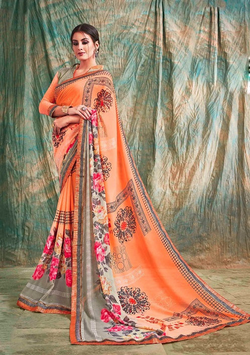 Designer Orange Floral Print Georgette Saree - GlitterGleam