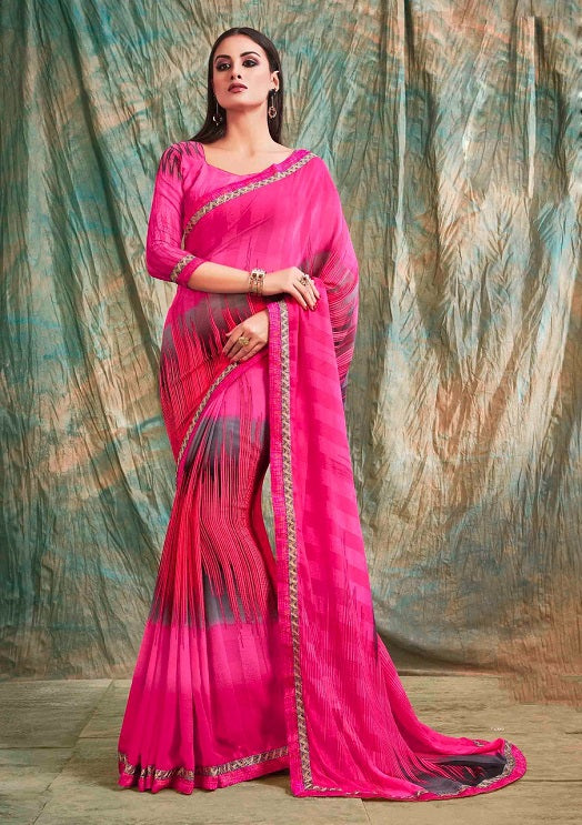 Hot Pink Georgette Saree with Grey Digital Print - GlitterGleam
