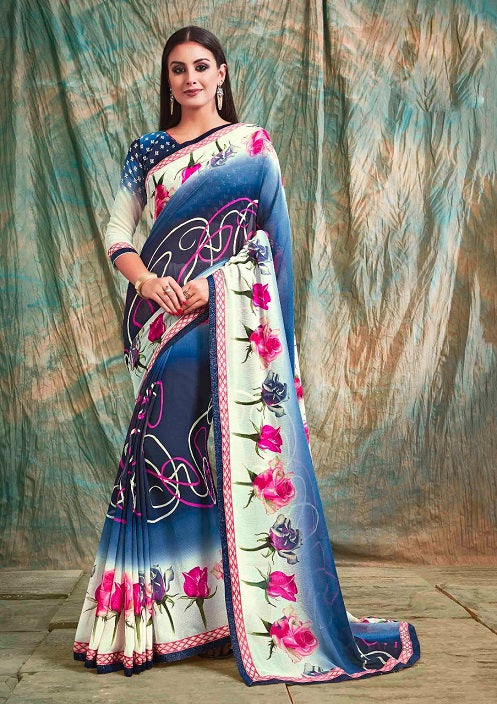 Blue and White Floral Print Georgette Saree - GlitterGleam
