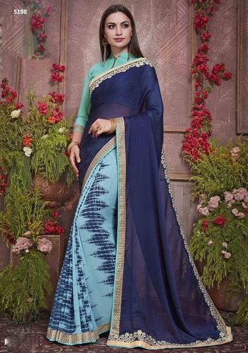 Turquoise and Blue Half-Half Georgette Saree - GlitterGleam