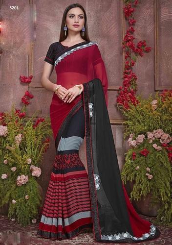 Red and Black Half-half Georgette Saree with Floral Lace - GlitterGleam