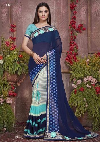 Blue and White Georgette Half-Half Saree with Brasso Net Border - GlitterGleam