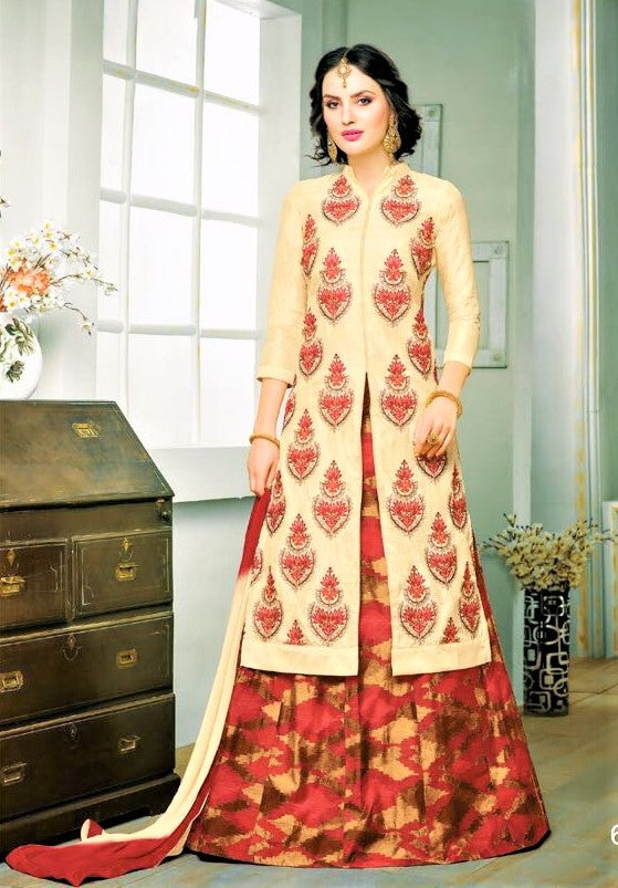 Semi-Stitched Beige Colored Silk Lehenga Skirt - GlitterGleam