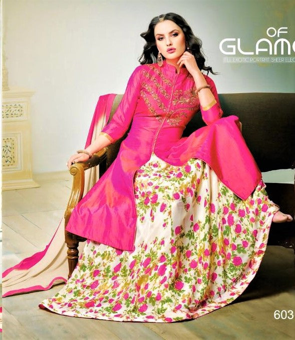 Pink and White Silk Lehenga Skirt with Floral Print - GlitterGleam