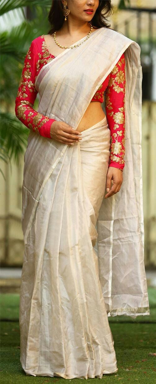 South Silk Saree With Contrast Sequence Work Blouse - GlitterGleam