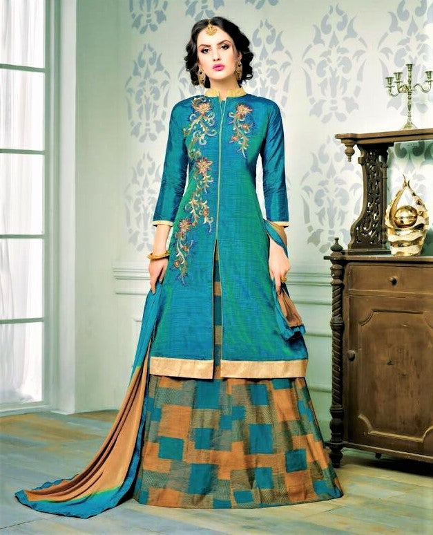 Dual Shade Blue-Green Silk Lehenga Skirt - GlitterGleam
