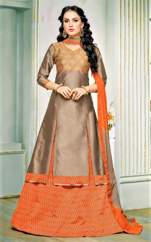 Camel Colored Semi-Stitched Silk Lehenga Skirt - GlitterGleam