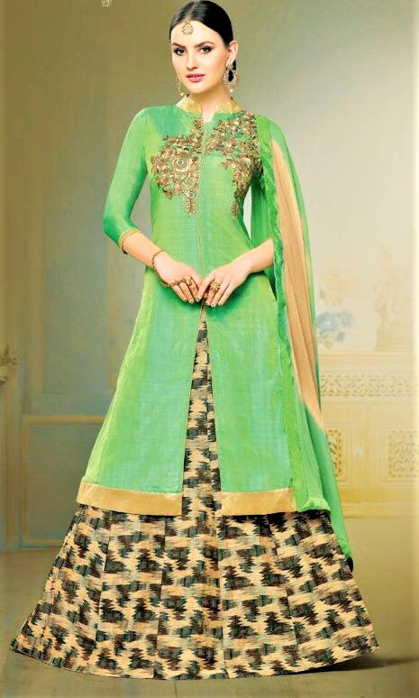 Dual Shade Green Colored Semi-Stitched Silk Lehenga Skirt - GlitterGleam