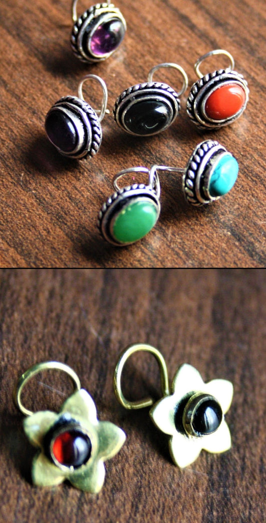 Silver and Golden Oxidized Flower and Oval Gem Nose Pin (Set of 2) - GlitterGleam