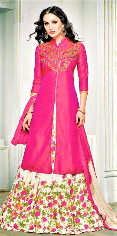 Pink and White Silk Lehenga Skirt with Floral Print - GlitterGleam