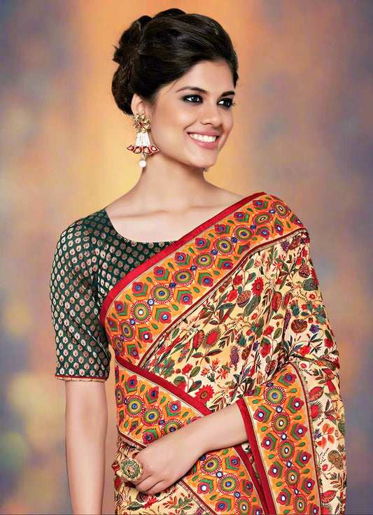 Designer Green Half-Half Crepe Saree with Floral Print and Brocade Blouse - GlitterGleam