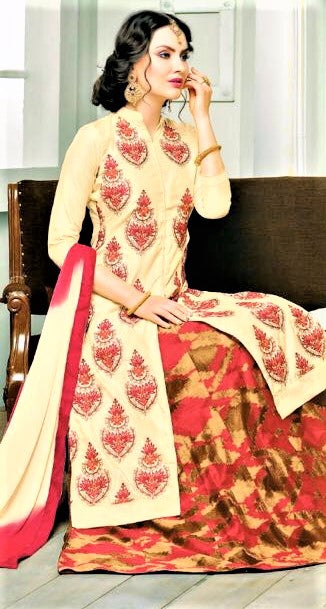 Semi-Stitched Beige Colored Silk Lehenga Skirt - GlitterGleam